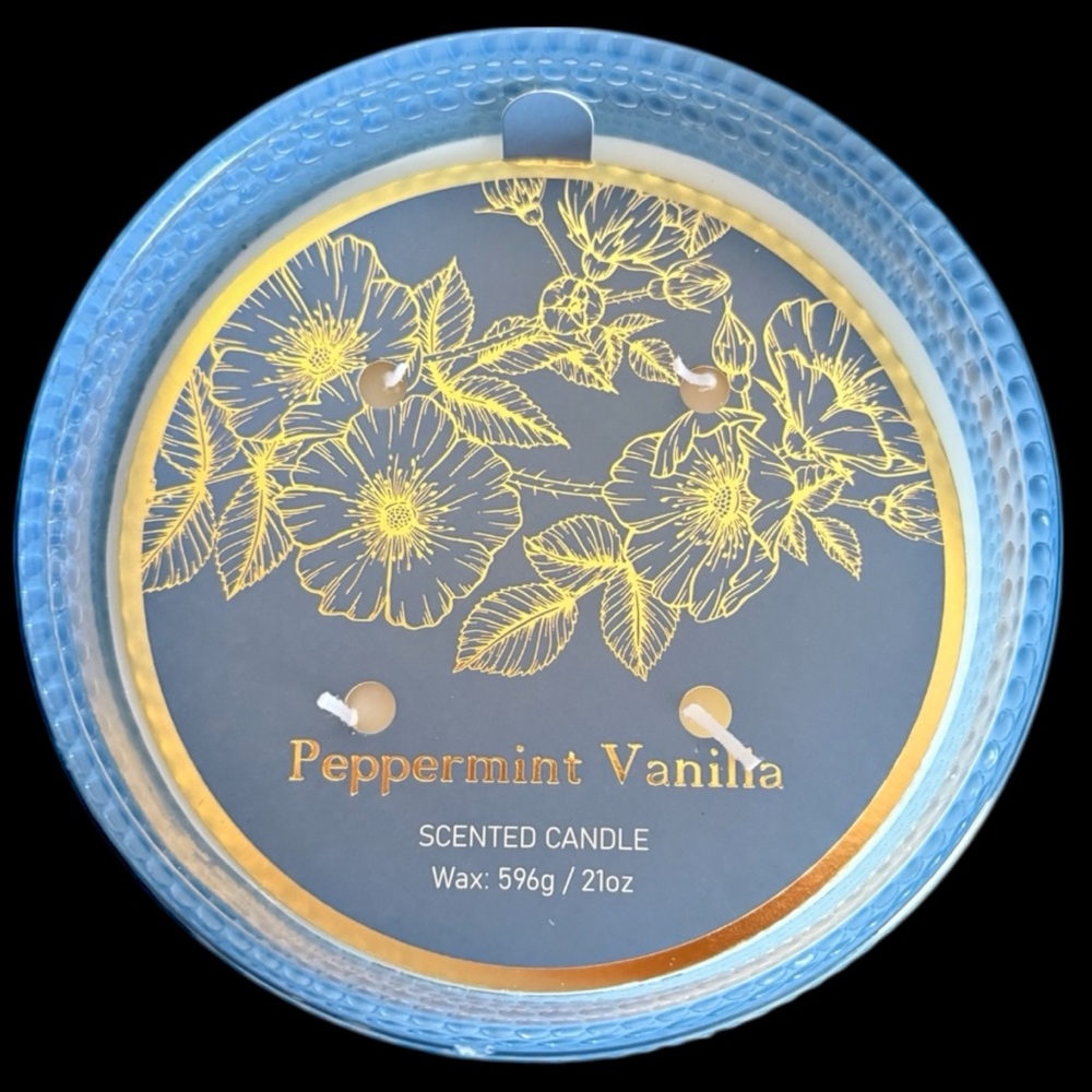Peppermint Vanilla Scented Candle - Blue and Gold Large 4 Wick